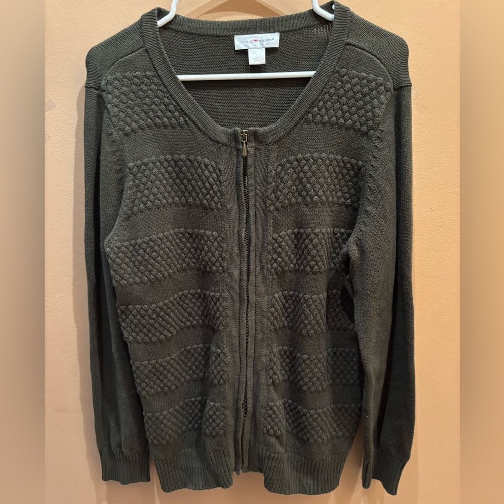 Christopher and Banks Olive Green Textured Full Zip Sweater Size large